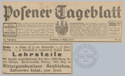 Majątek Zaborowo szuka korepetytora. Posener Tageblatt 1931 r.