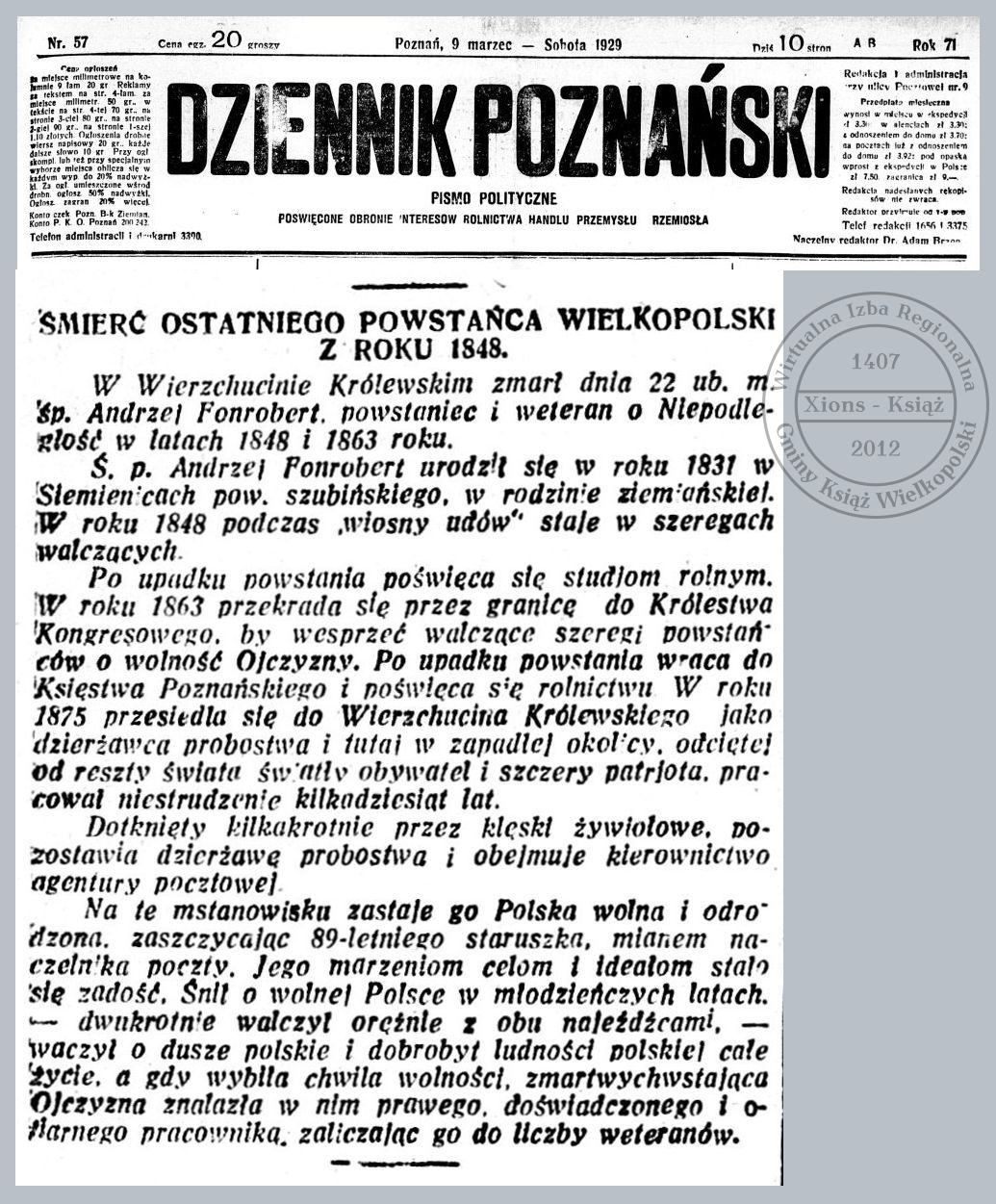 Andrzej Fonrobert śmierć. Dziennik Poznański 1929 r. 