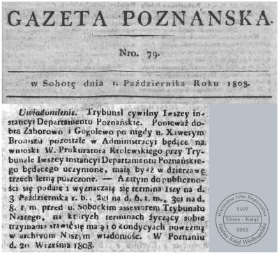 Dzierżawa Zaborowa i Gogolewa. Gazeta Poznańska 1808 r. 