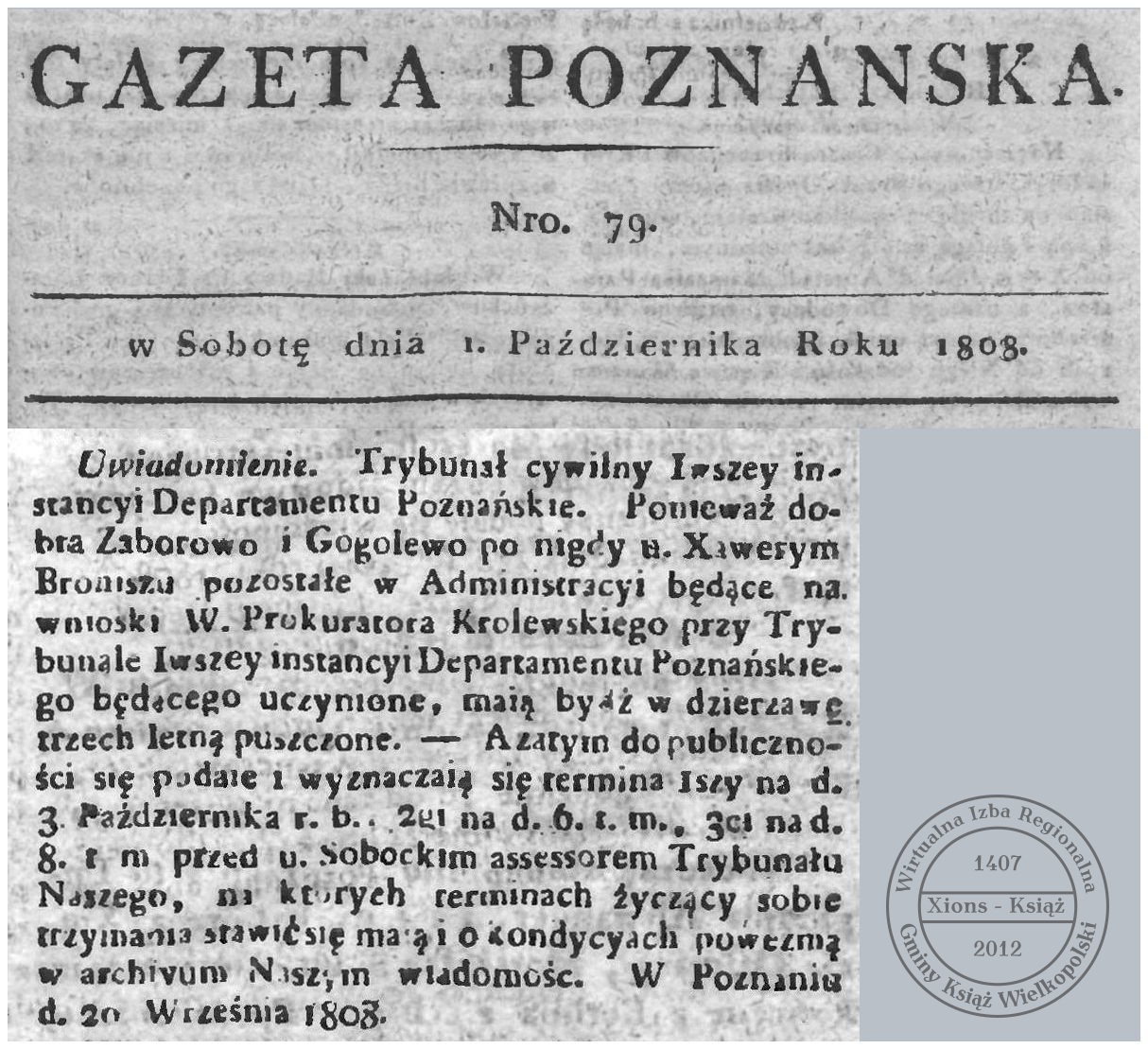 Dzierżawa Zaborowa i Gogolewa. Gazeta Poznańska 1808 r. 