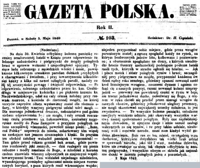 Pierwsza rocznica bitwy o Książ. Gazeta Polska 1849 r.