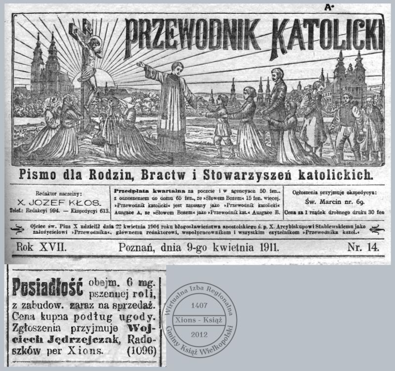 Sprzedaż posiadłości -  Radoszkowo. Przewodnik Katolicki 1911 r.