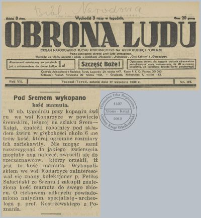 Kość mamuta. Konarzyce. Obrona Ludu - 1932 r.