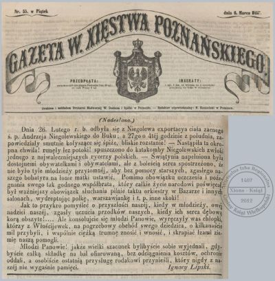 Andrzej Niegolewski - pogrzeb. Gazeta Wielkiego Xięstwa Poznańskiego - 1857 r.