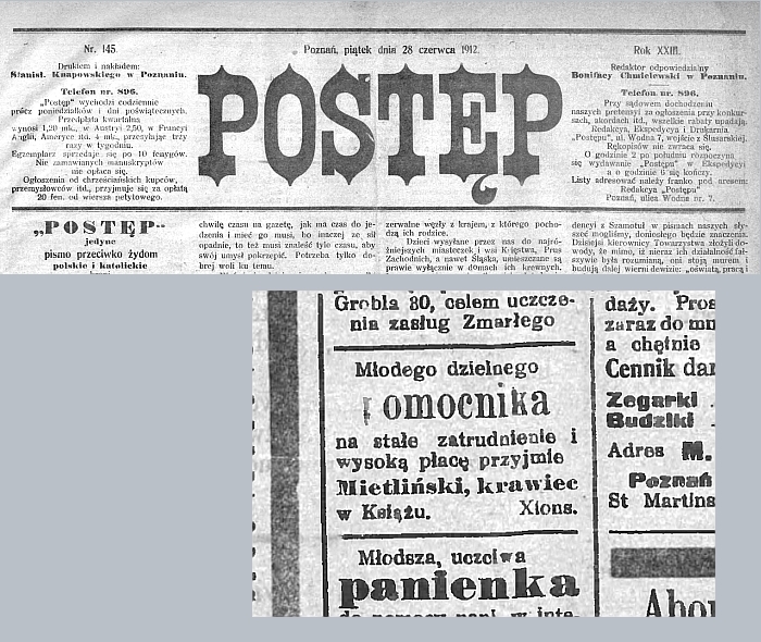 Pomocnik krawiecki potrzebny. Książ, Xions. Postęp - 1912 r.