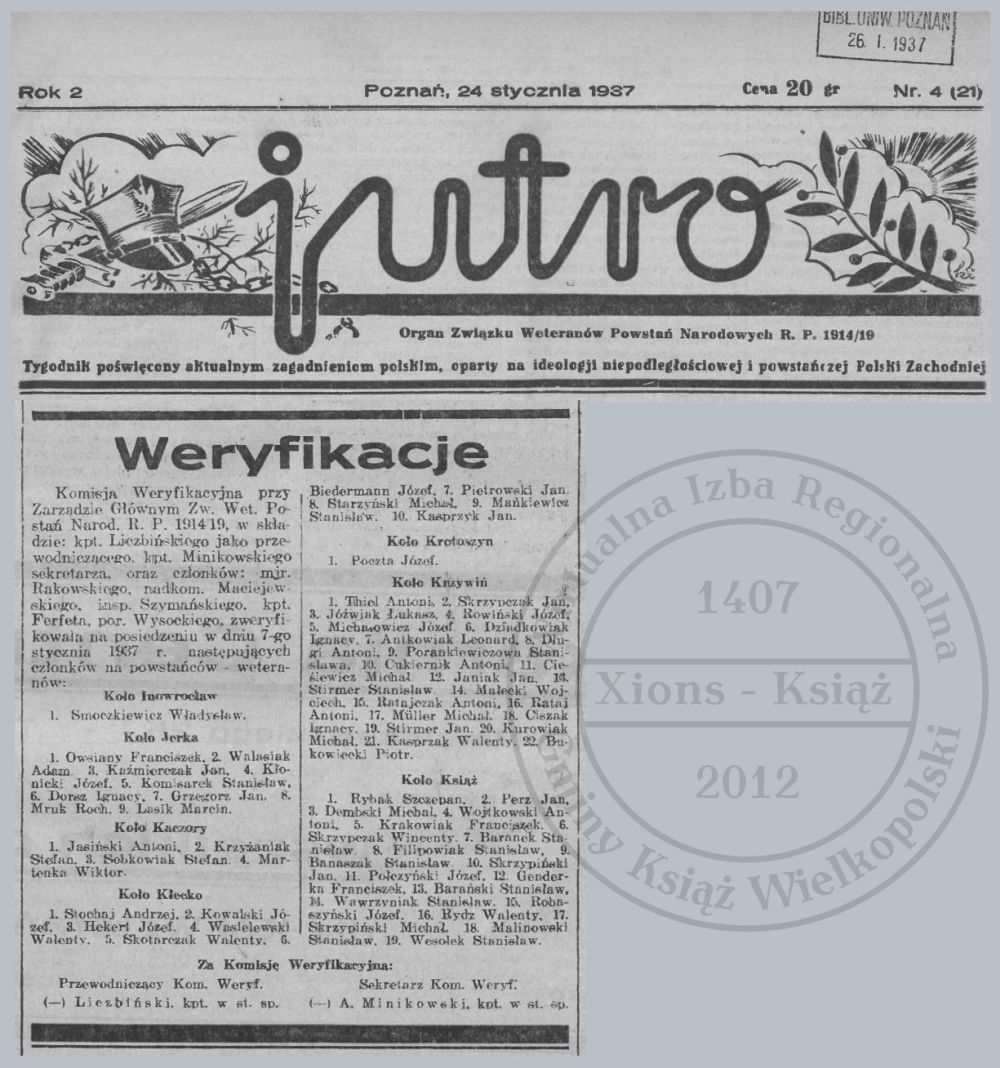 Weryfikacja powstańców koła Książ. Jutro 1937 r.