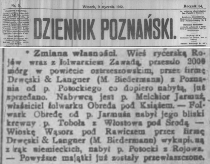 Zakup folwarku Obreda przez Szymona Tobołę. Dziennik Poznański - 1912 r.