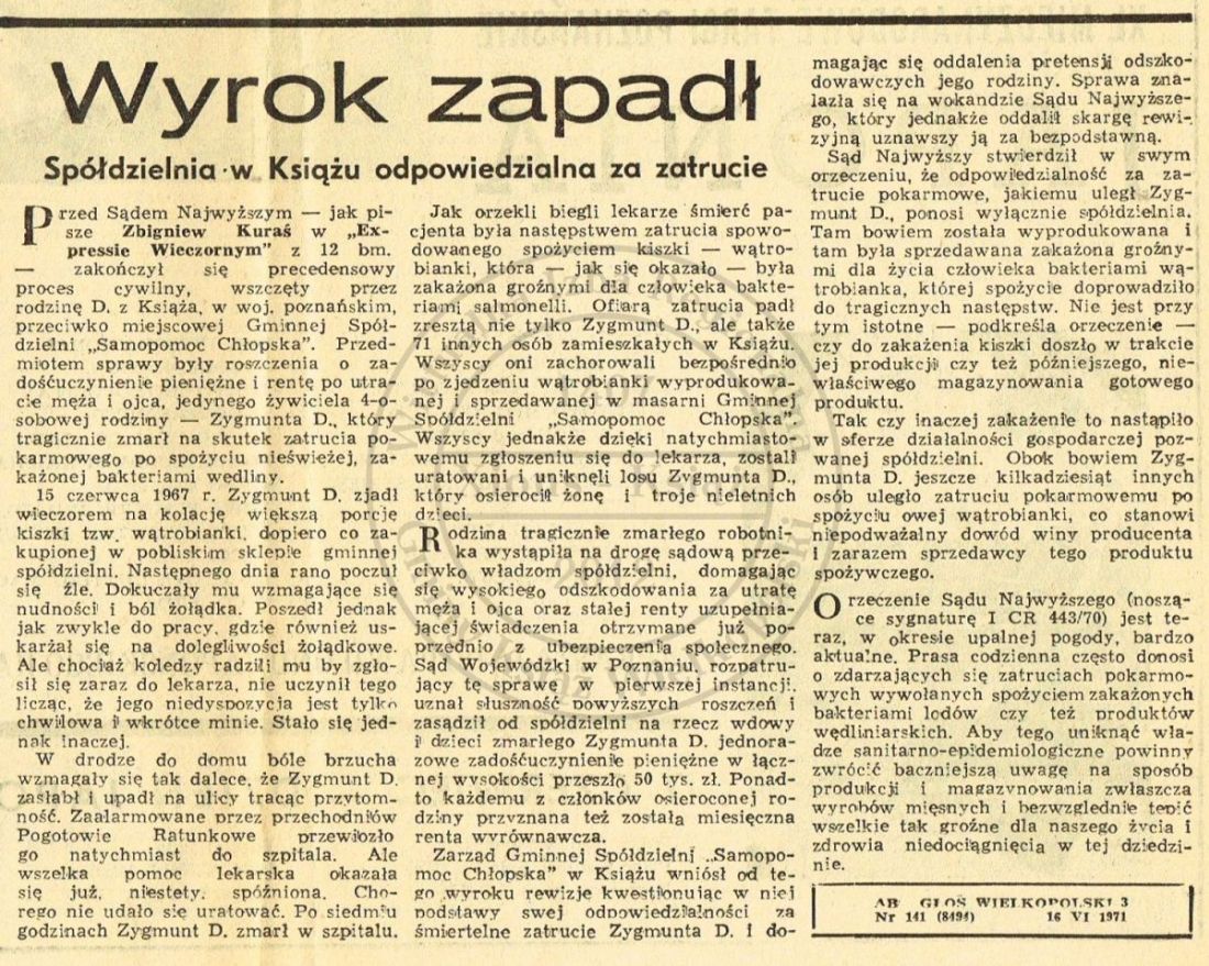 Zatrucie wątrobianką w Książu. Głos Wielkopolski 1971 r.