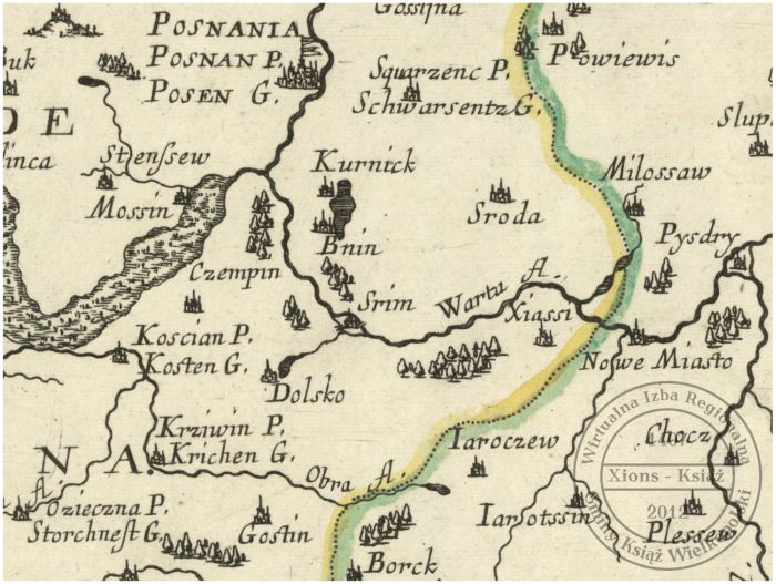 Mapa Wielkopolski 1665 r. Książ, Xiassi. Fragment.