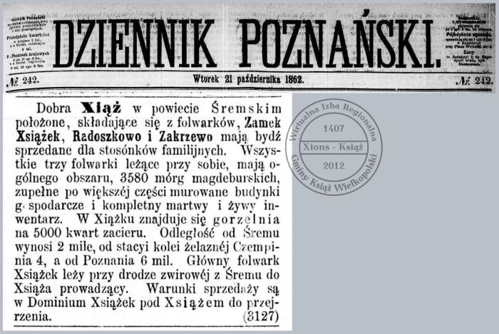 Dobra Książ na sprzedaż. Dziennik Poznański 1862 r. 