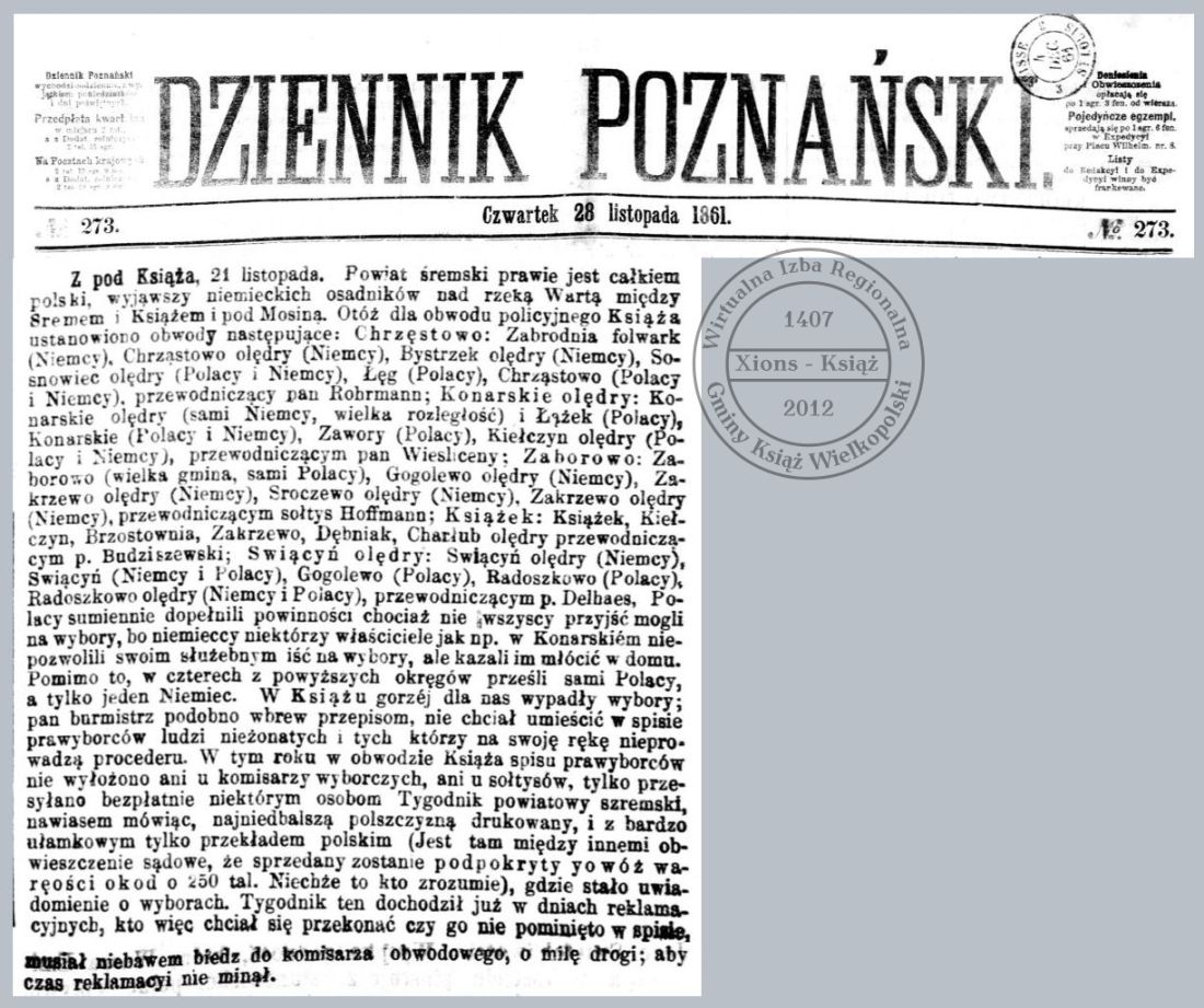 Wybory 1861 r. w obwodzie Książ. Dziennik Poznański.