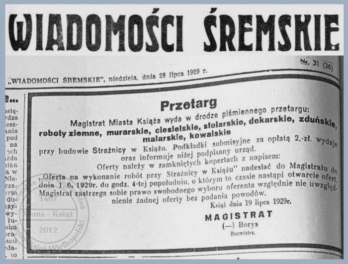 Strażnica OSP Książ. Przetarg na budowę 1929 r.