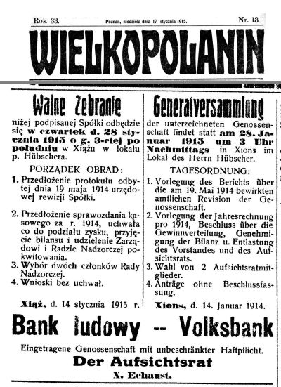 Bank Ludowy Książ - walne zebranie. Wielkopolanin - 1915 r.