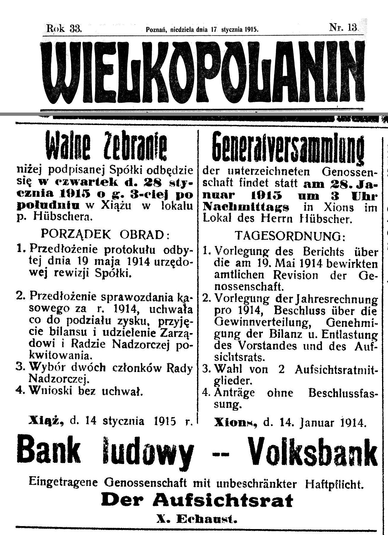 Bank Ludowy Książ - walne zebranie. Wielkopolanin - 1915 r.