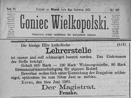 Etat nauczyciela. Goniec Wielkopolski - 1882 r.