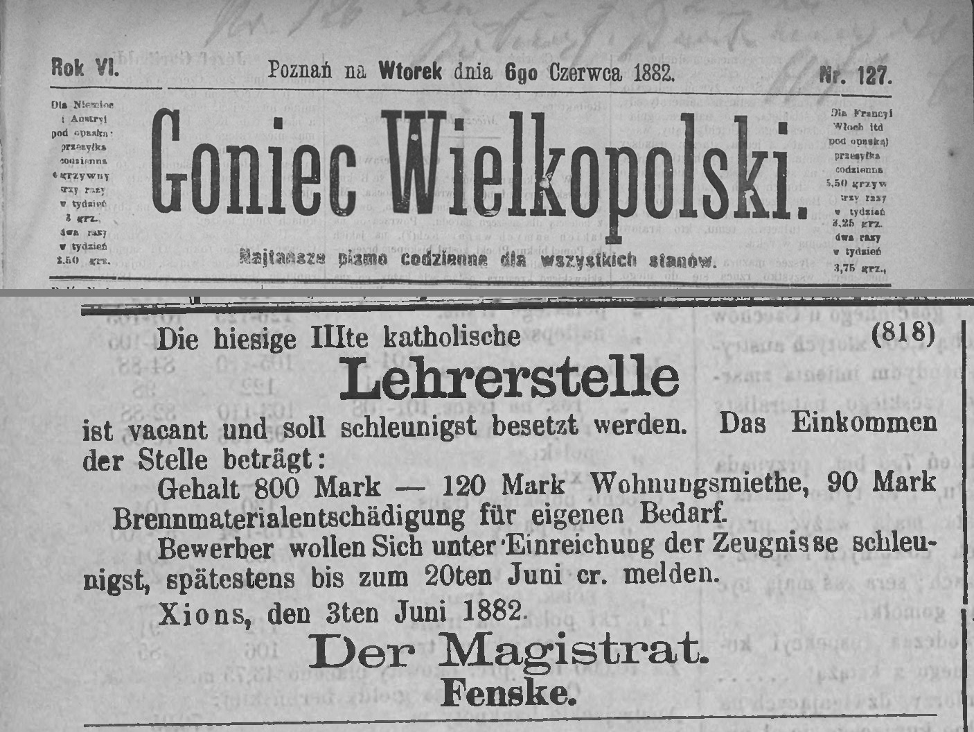 Etat nauczyciela. Goniec Wielkopolski - 1882 r.