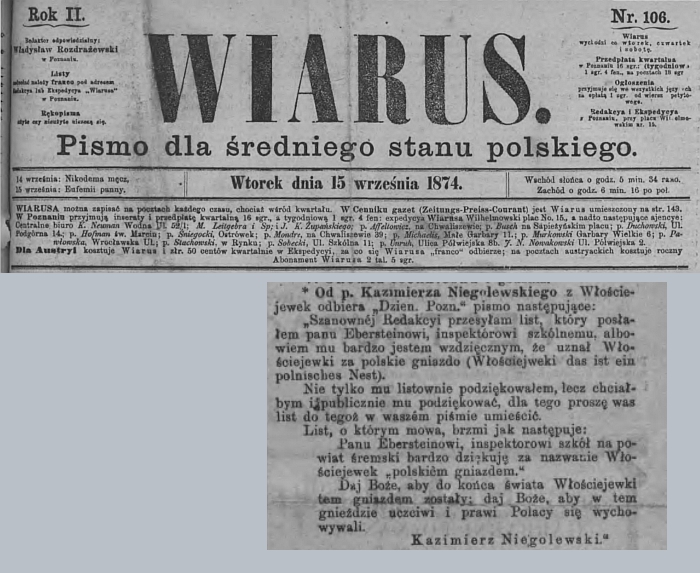 Podziękowanie Kazimierza Niegolewskiego. Wiarus - 1874 r.