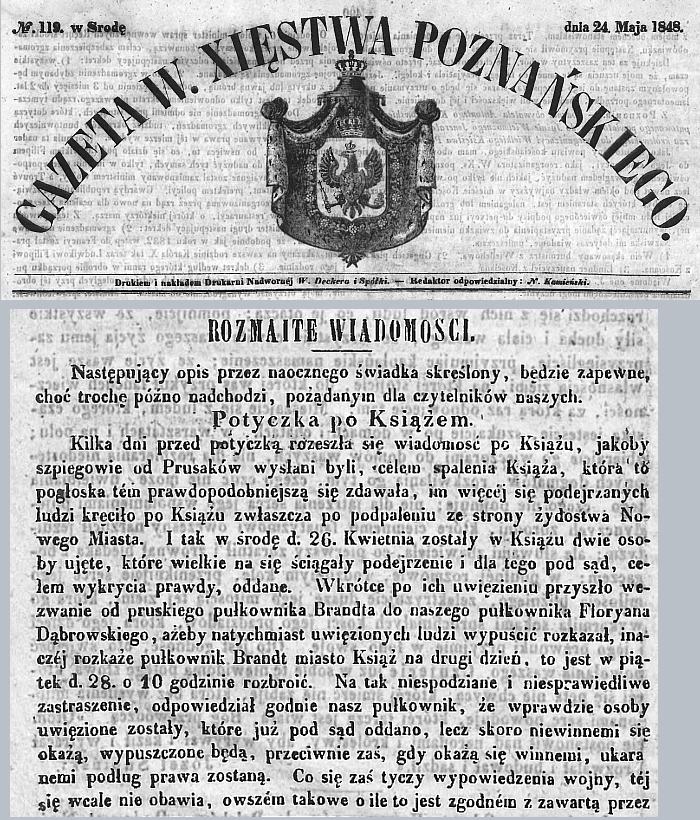 Potyczka pod Książem. Gazeta Wielkiego Xięstwa Poznańskiego 28 maja 1848 r. 