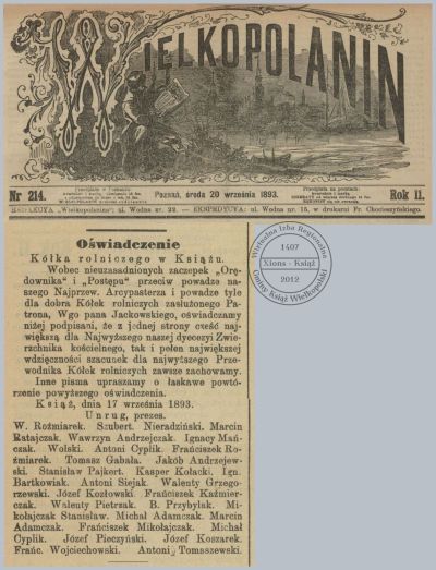 Kółko Rolnicze Książ - oświadczenie 1893 r.