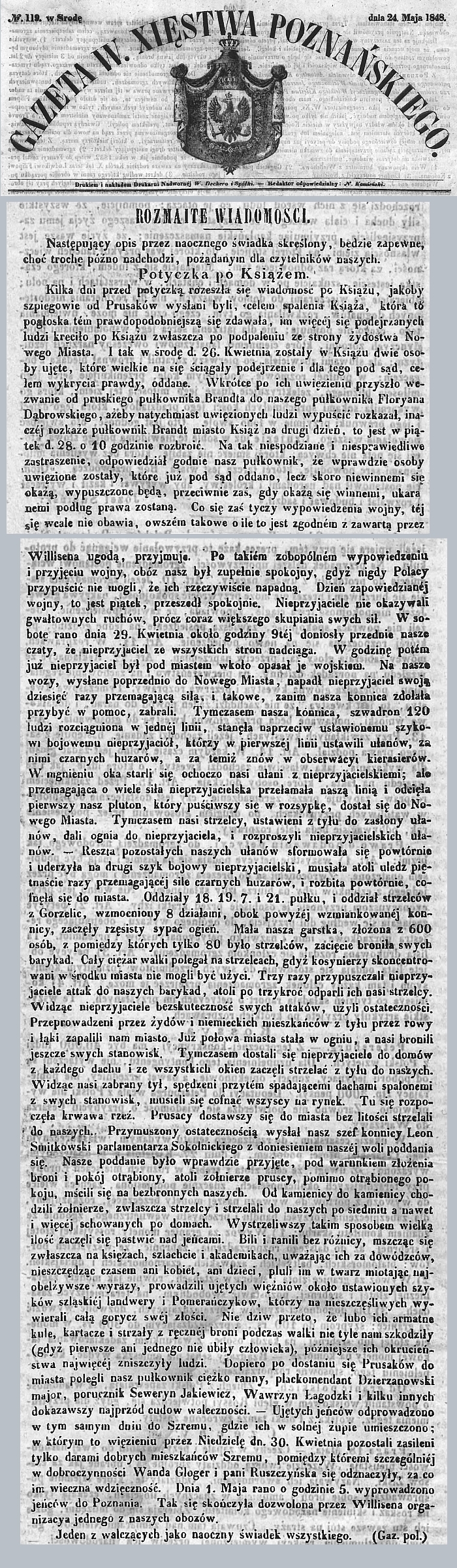 Potyczka pod Książem. Gazeta Wielkiego Xięstwa Poznańskiego 28 maja 1848 r. 