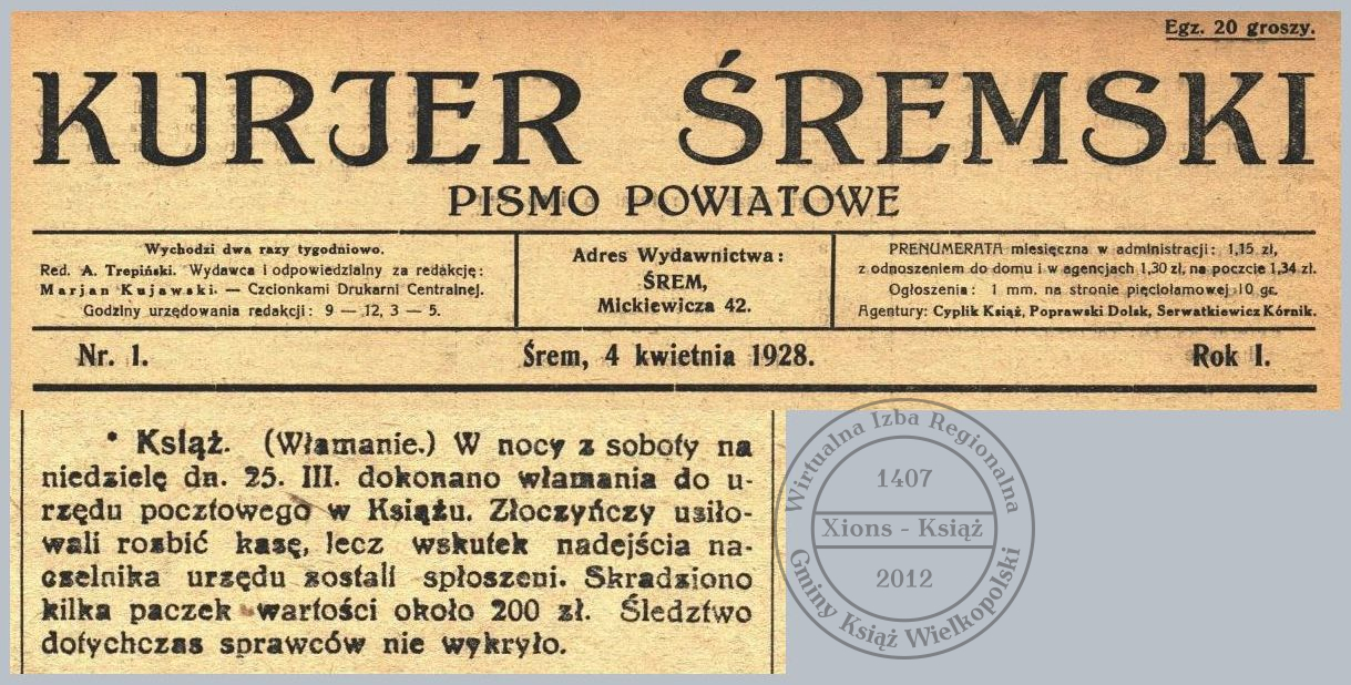 Poczta - włamanie. Książ 1928 r.