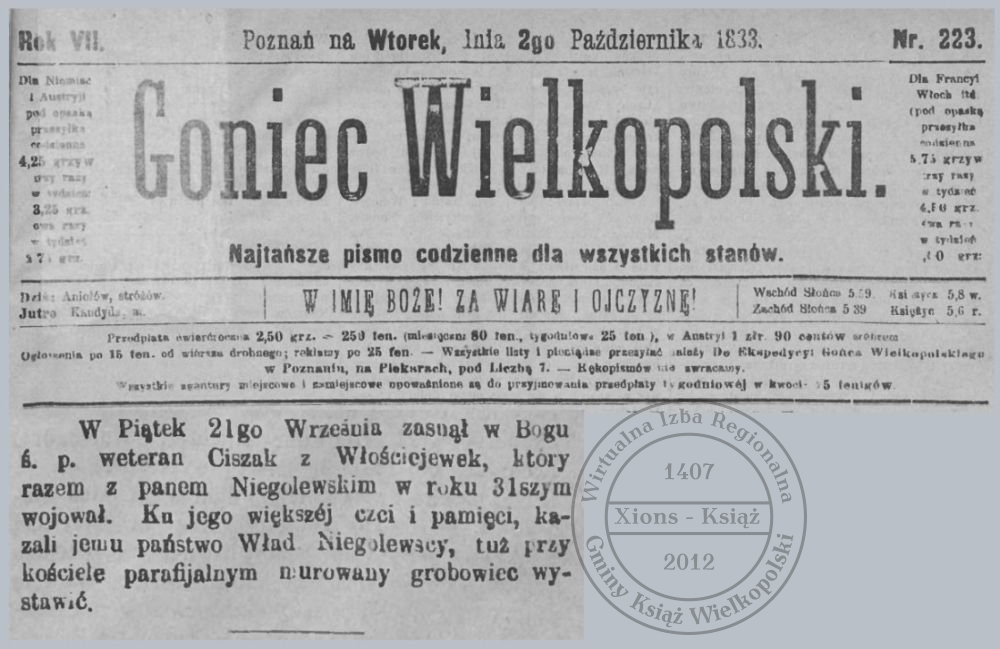 Szymon Ciszak - grobowiec. Goniec Wielkopolski 1883 r.