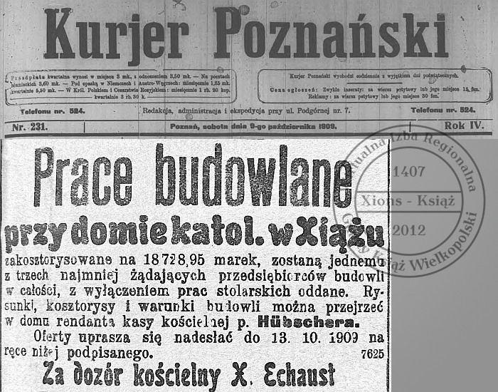 Budowa domu katolickiego w Książu. Kurier Poznański 1909 r.