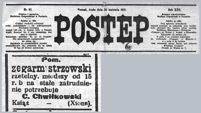 Pomocnik zegarmistrzowski potrzebny. Postęp - 1911 r.