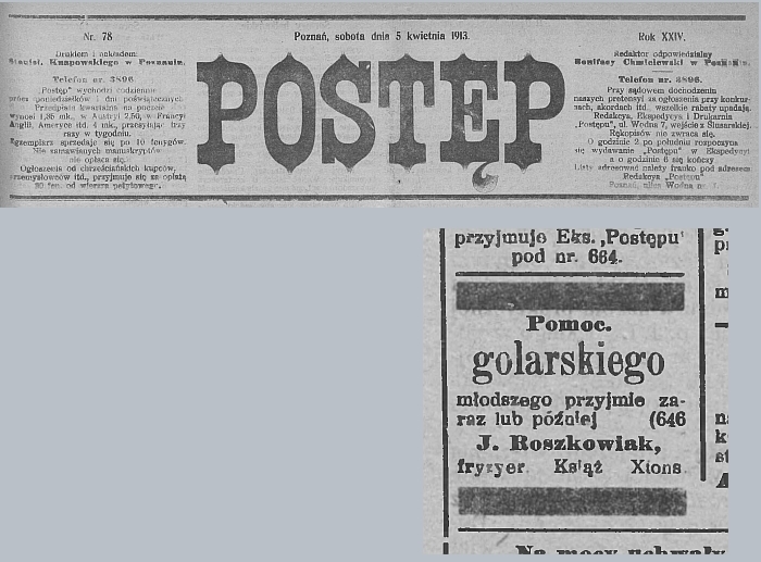 Pomocnik golarski potrzebny. Książ, Xions. Postęp - 1913 r.