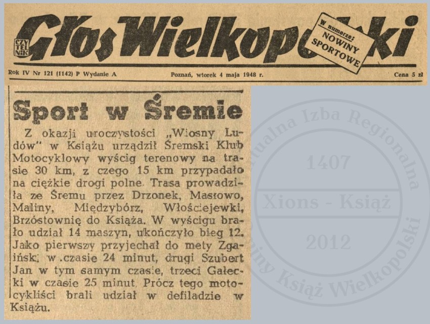 Motocyklowy wyścig terenowy Śrem - Książ. 1948 r.