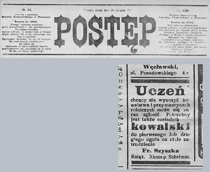 Uczeń kowalski potrzebny. Książ, Xions. Postęp - 1912 r.