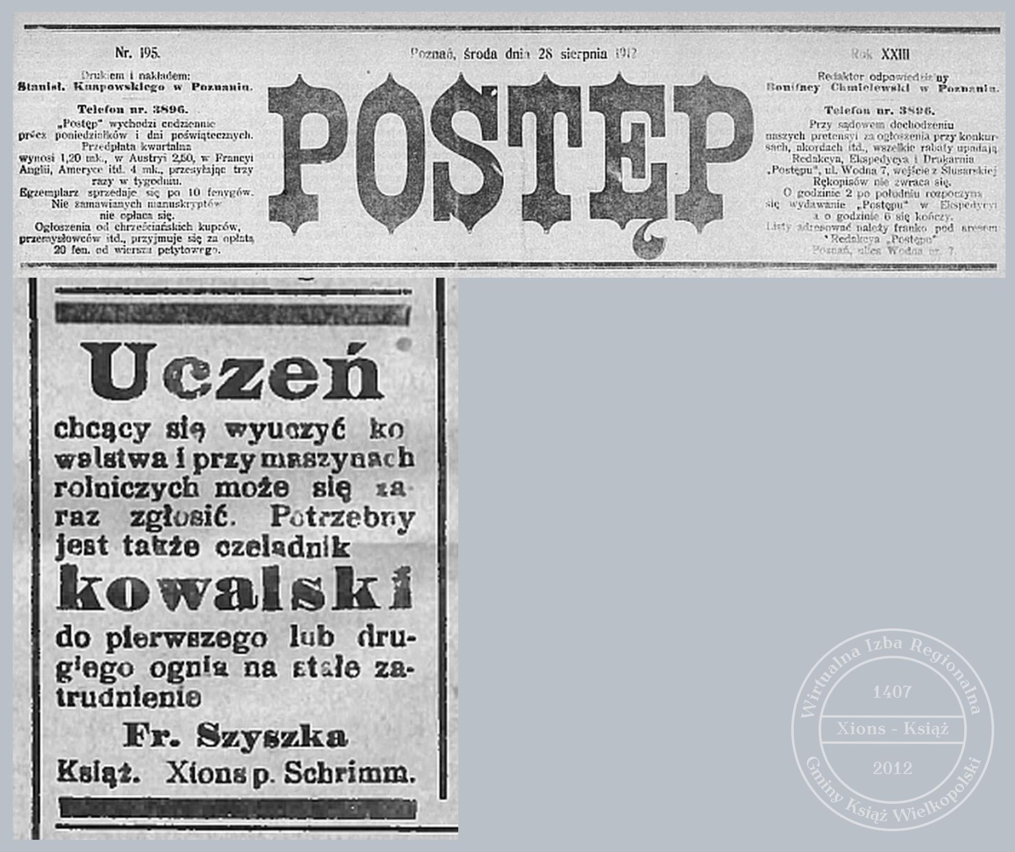 Uczeń kowalski potrzebny. Książ, Xions. Postęp - 1912 r.