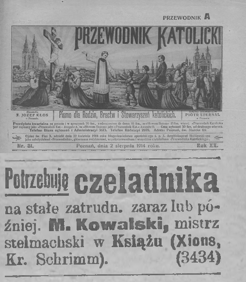 Potrzebuję czeladnika - stelmach. Książ. Przewodnik Katolicki - 1914r.