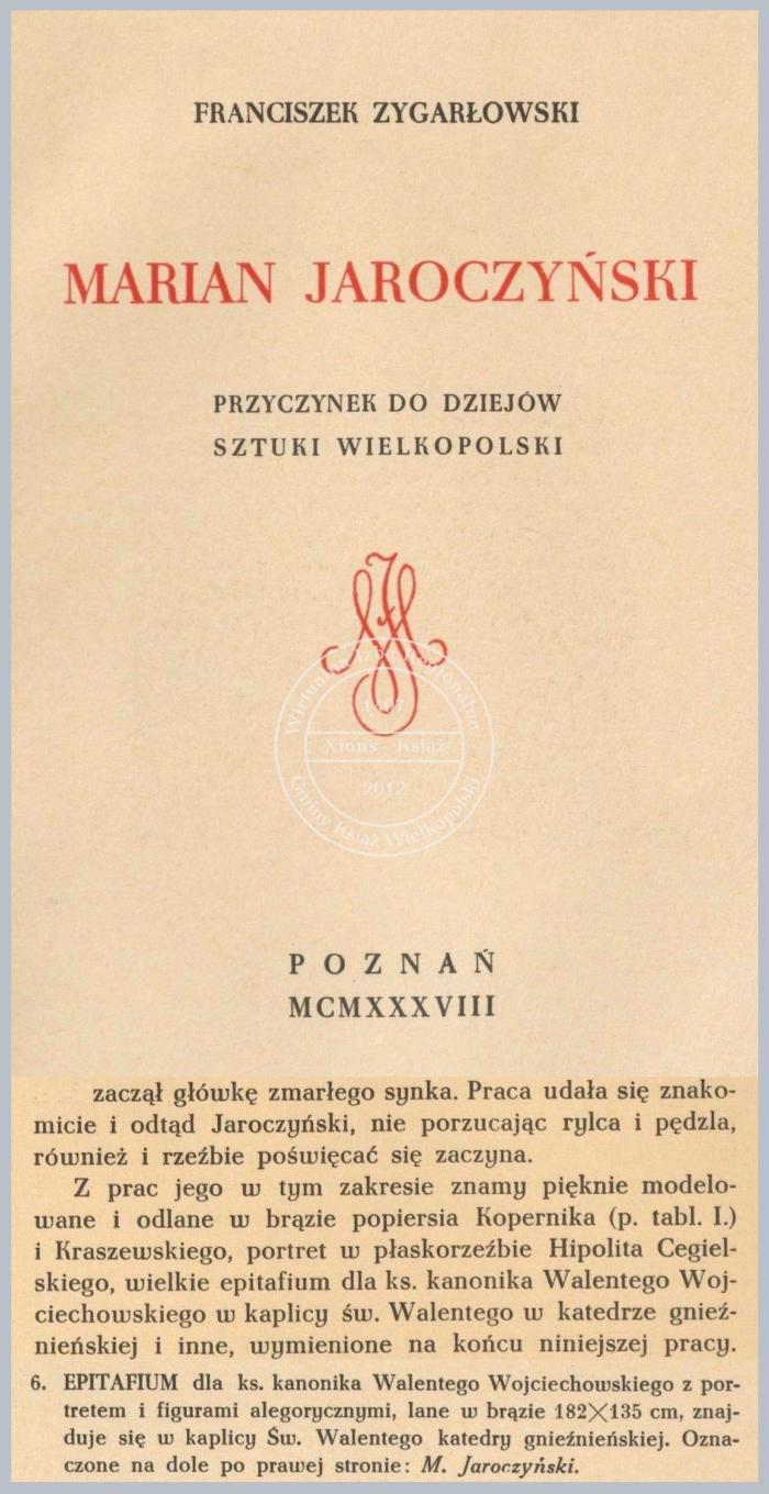 Epitafium ks. Walentego Wojciechowskiego. Opis F. Zygarłowski 1938 r.