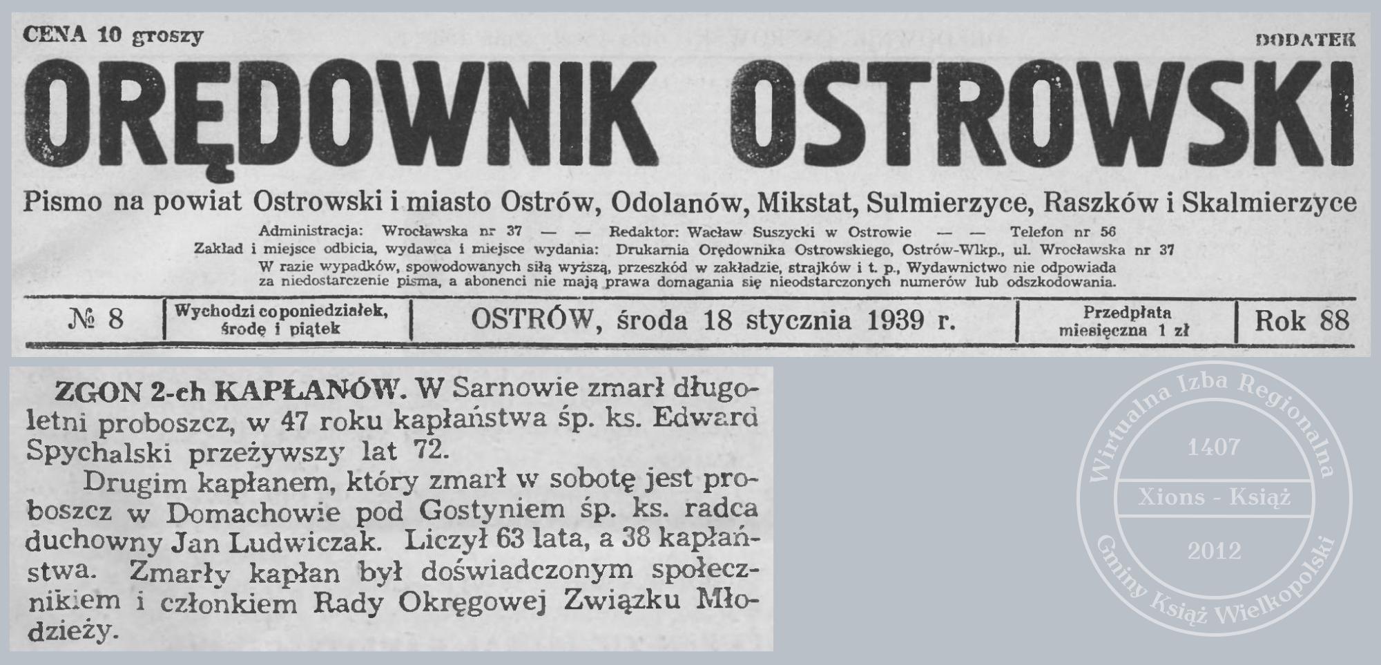 Ks. Jan Ludwiczak zgon 1939 r.