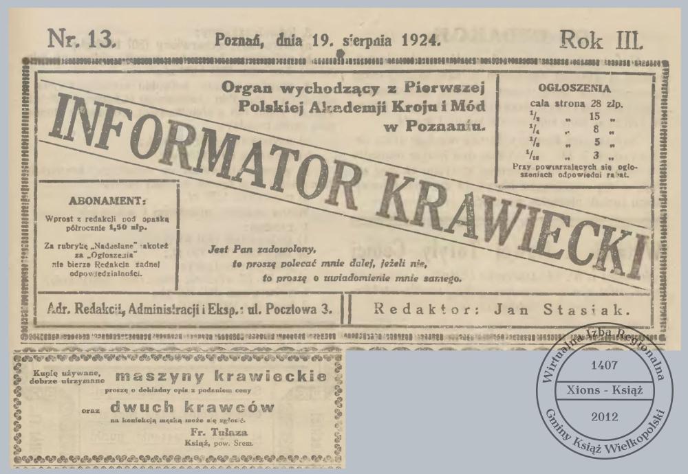 Władysław Tułaza ogłoszenie. Książ 1924 r.