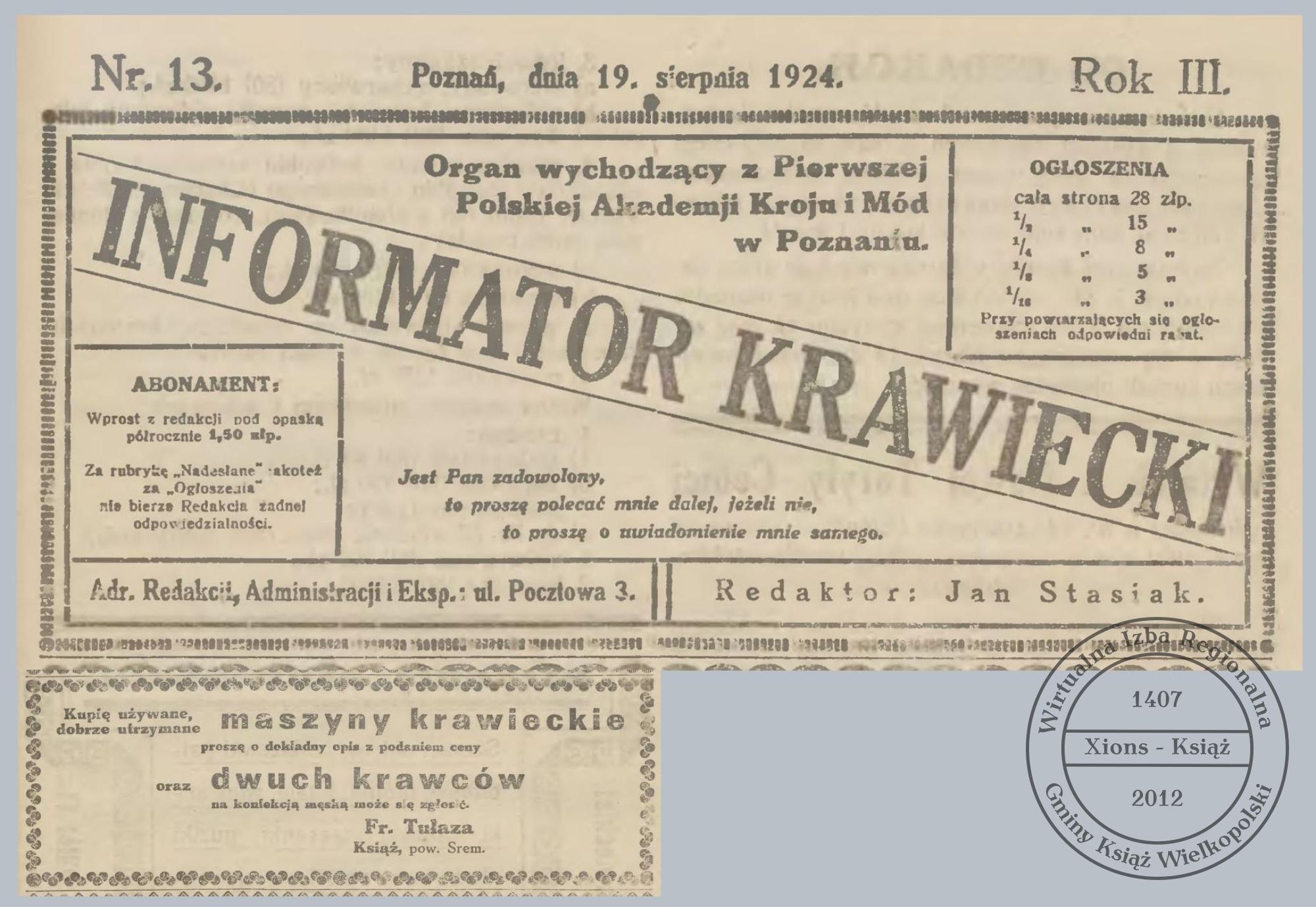 Władysław Tułaza ogłoszenie. Książ 1924 r.