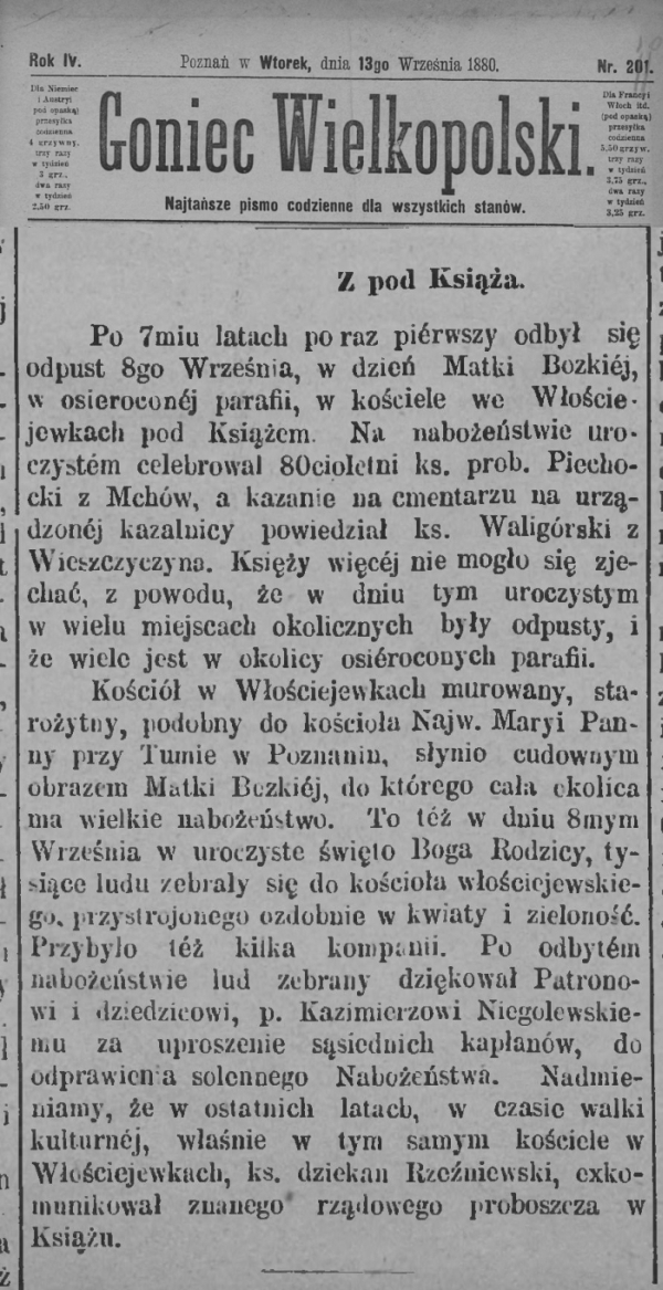 Odpust we Włościejewkach. Goniec Wielkopolski - 1880 r. 