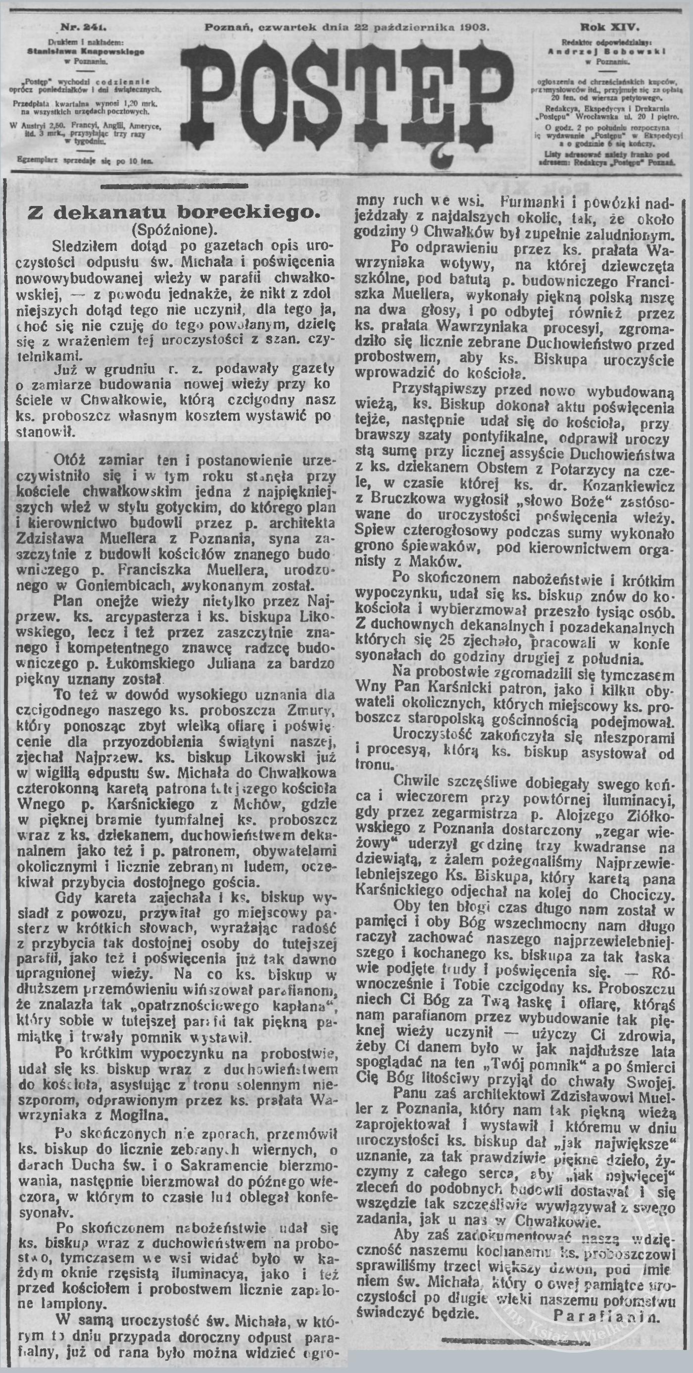 Poświęcenie wieży kościelnej w Chwałkowie, 1903 r.