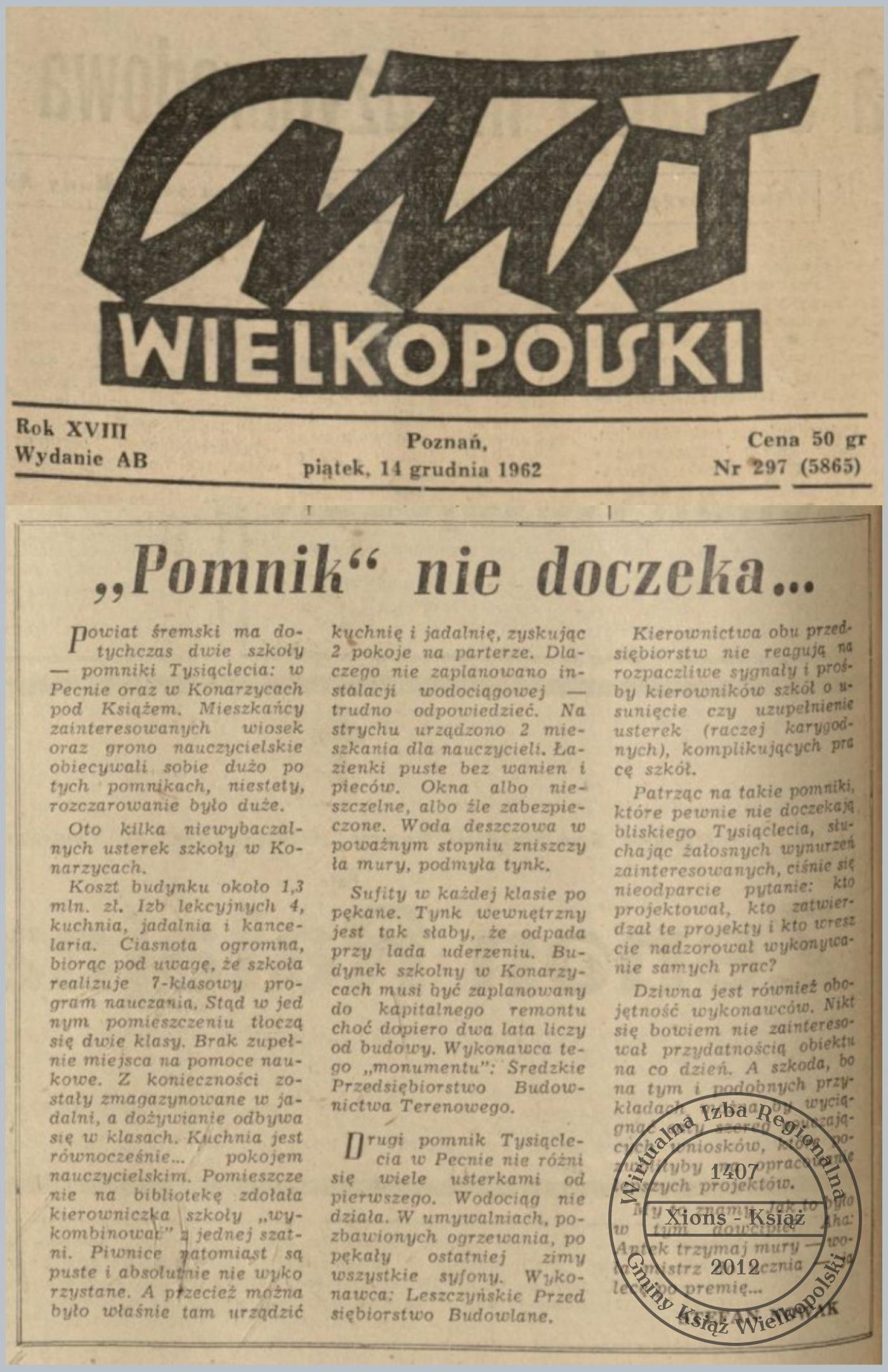 Szkoła Tysiąclecia w Konarzycach do remontu, 1962 r.