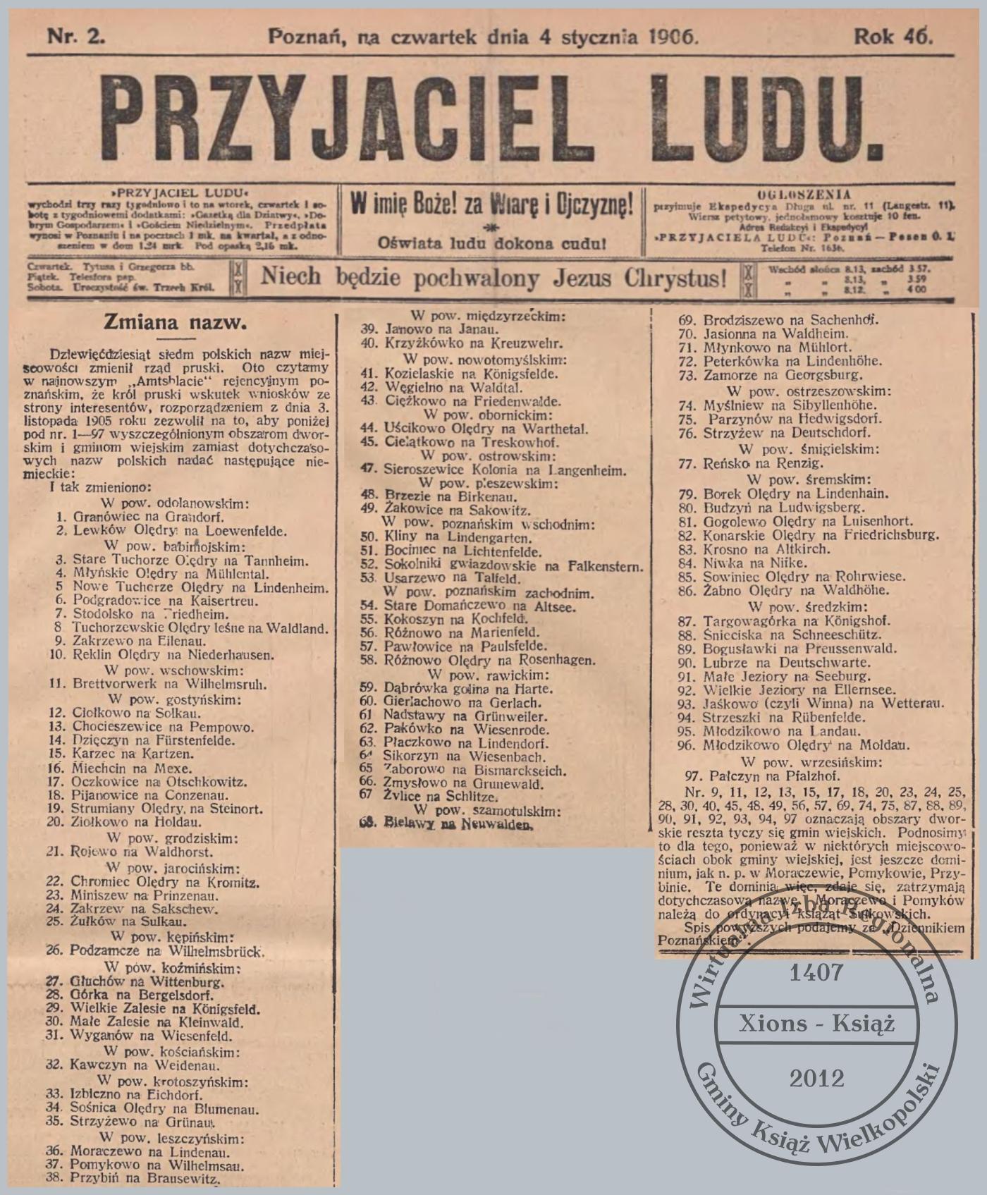 Zmiana polskich nazw miejscowości na niemieckie, 1906 r.