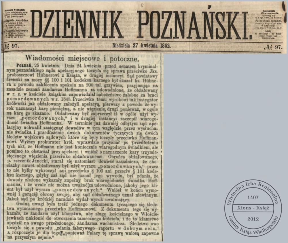 Uniewinnienie ks. Franciszka Hübnera, 1862 r.