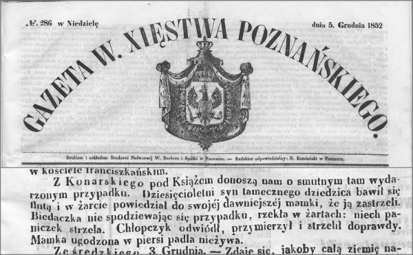 Z Konarskiego pod Książem. Gazeta Wielkiego Xięstwa Poznańskiego - 1852 r.