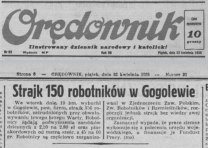 Strajk w Gogolewie. Orędownik - 1938 r. 