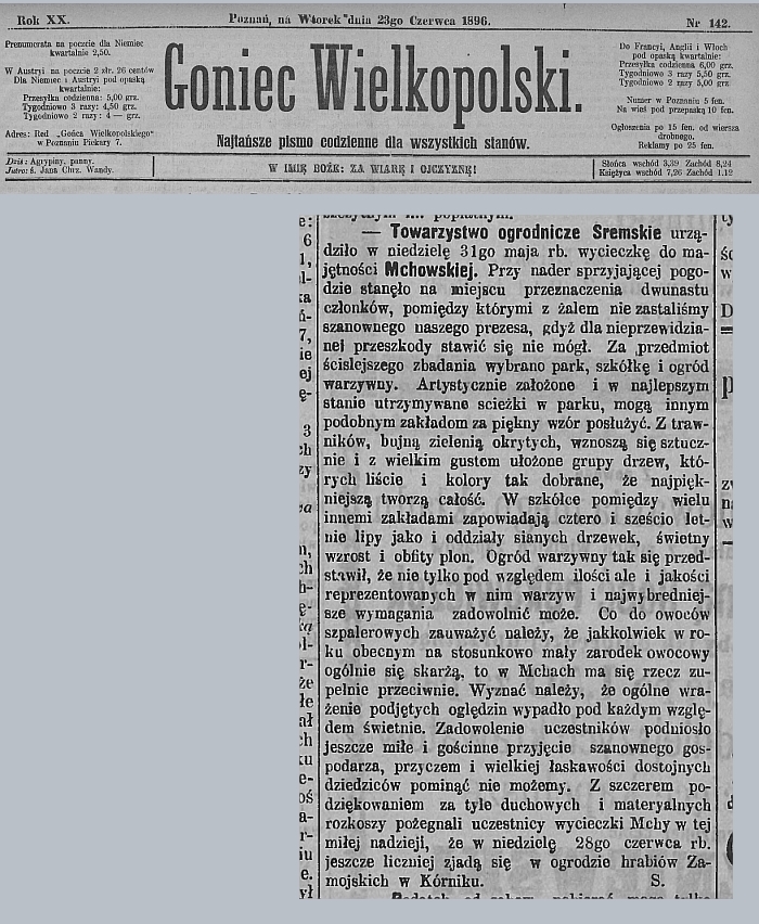 Wycieczka ogrodników ze Śremu do Mchów. Goniec Wielkopolski - 1896 r. 