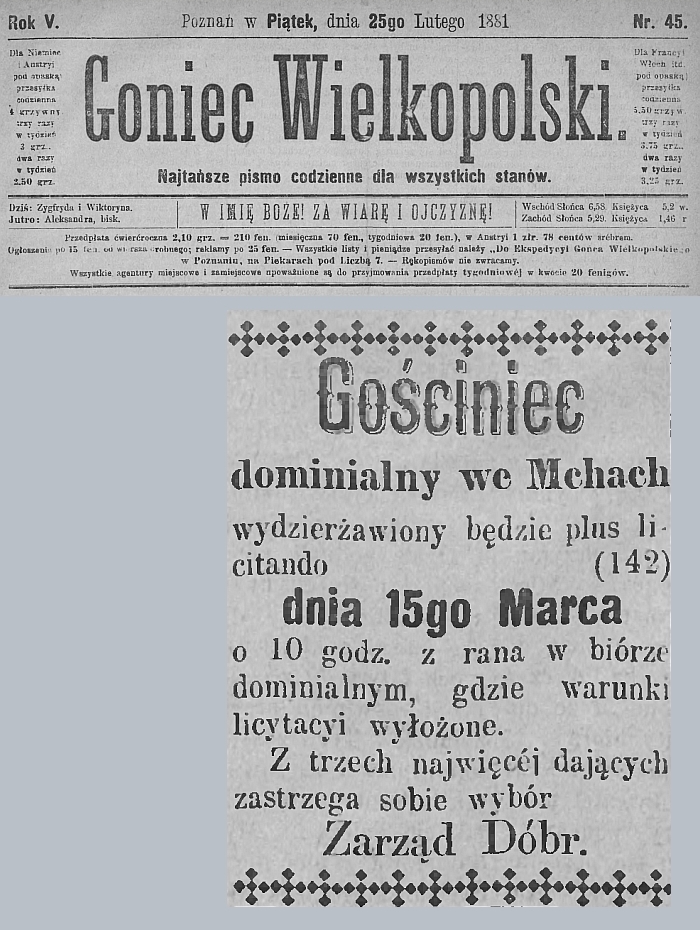 Gościniec Mchy. Licitando. Goniec Wielkopolski - 1881 r. 