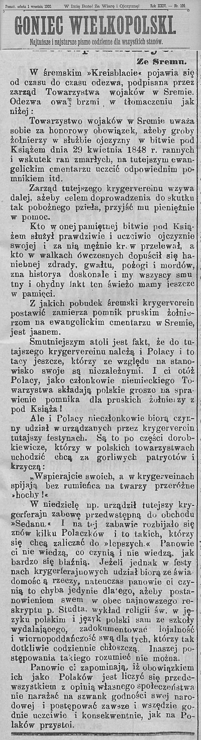 Pomnik poległych w 1848 roku. Goniec Wielkopolski - 1900 r. 