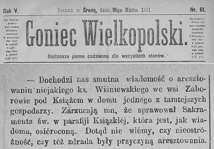 Aresztowanie ks. Wiśniewskiego. Goniec Wielkopolski - 1881 r.