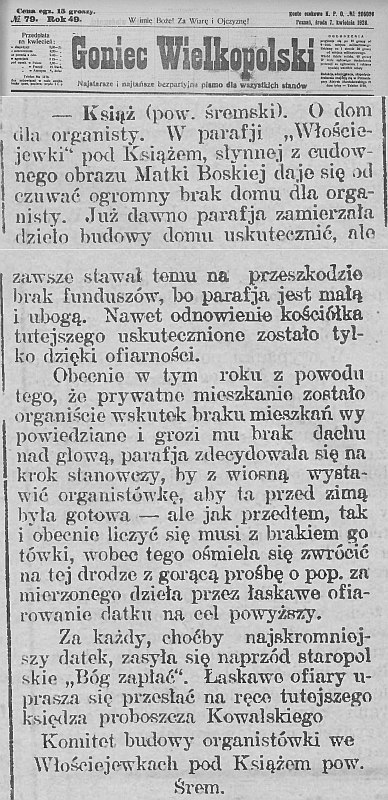 Organistówka we Włościejewkach. Goniec Wielkopolski - 1926 r.