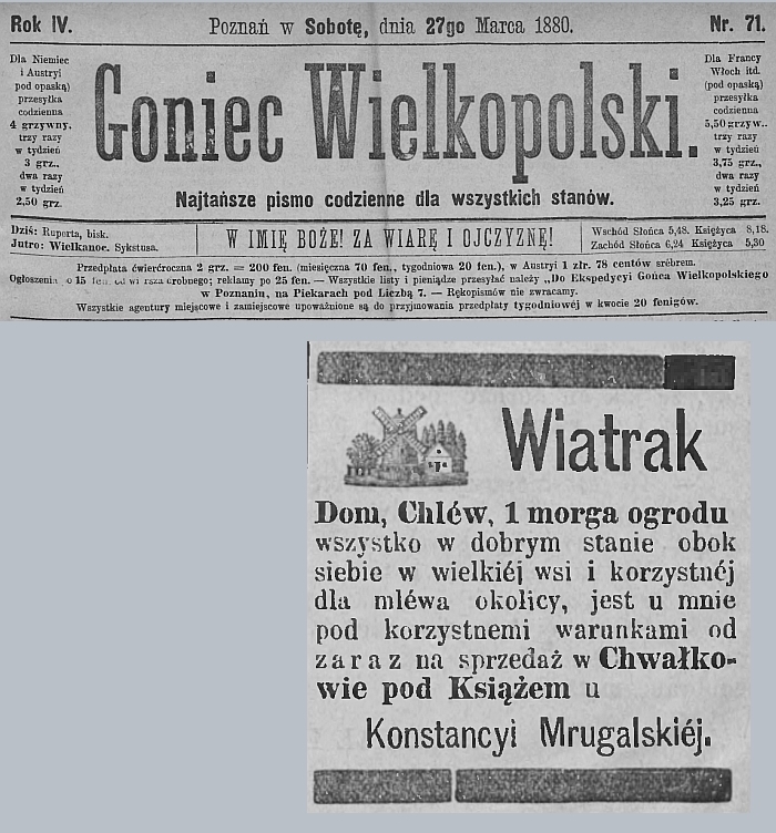 Sprzedam wiatrak w Chwałkowie. Goniec Wielkopolski - 1880 r. 